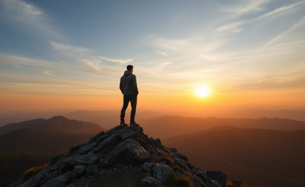Pessoa no topo de uma montanha observando o nascer do sol